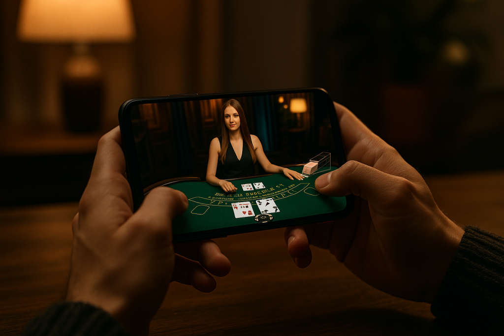 Person playing blackjack on a mobile device with live casino interface