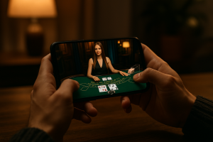 Person playing blackjack on a mobile device with live casino interface